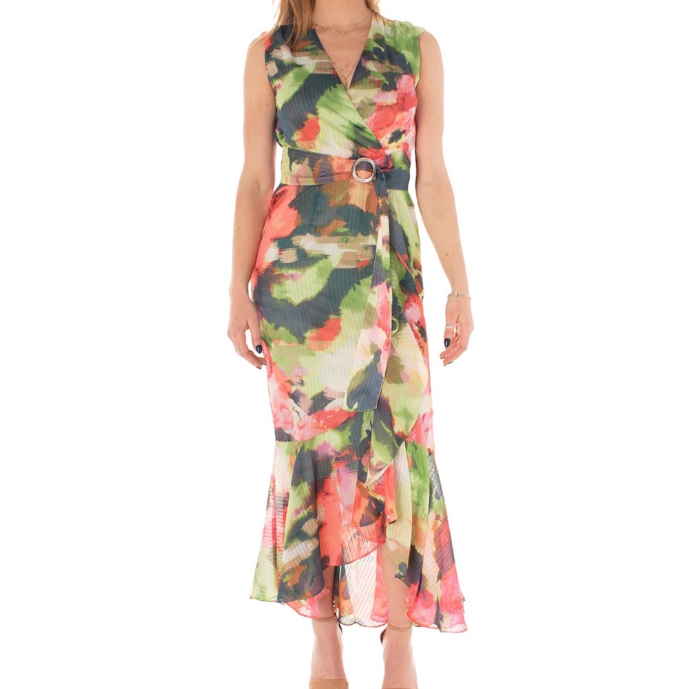 Maison Tara,Women's Printed Surplice-Neck Belted Dress